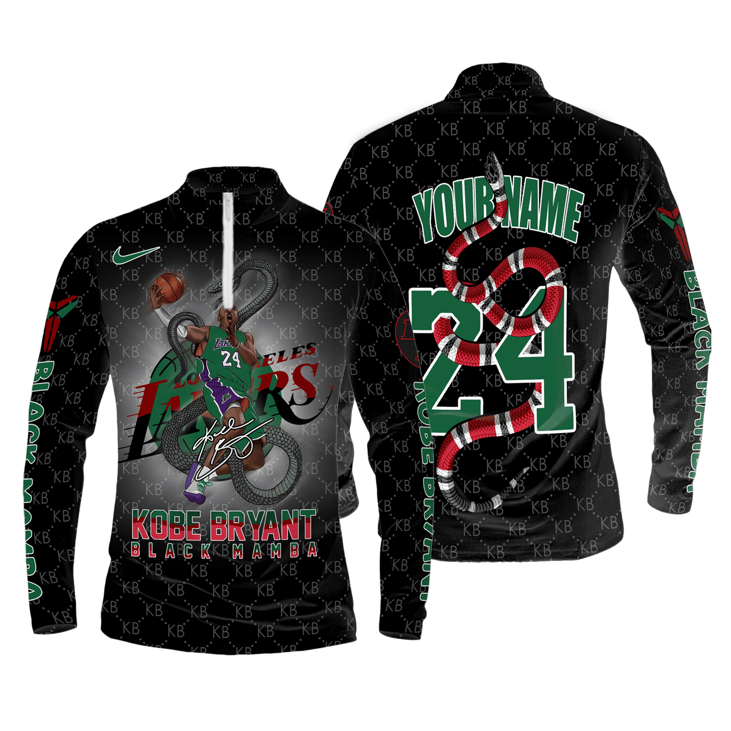 Kobe Bryant Black Mamba Lakers #24 Custom 3D Long Sleeve Quarter Zip Jersey