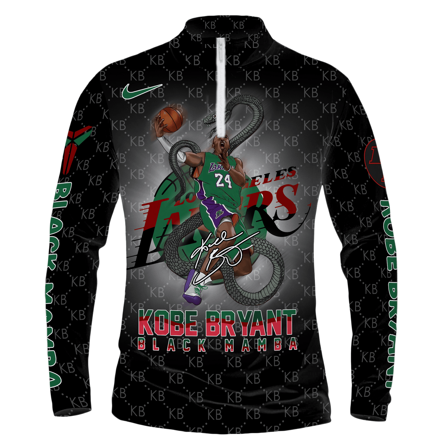 Kobe Bryant Black Mamba Lakers #24 Custom 3D Long Sleeve Quarter Zip Jersey