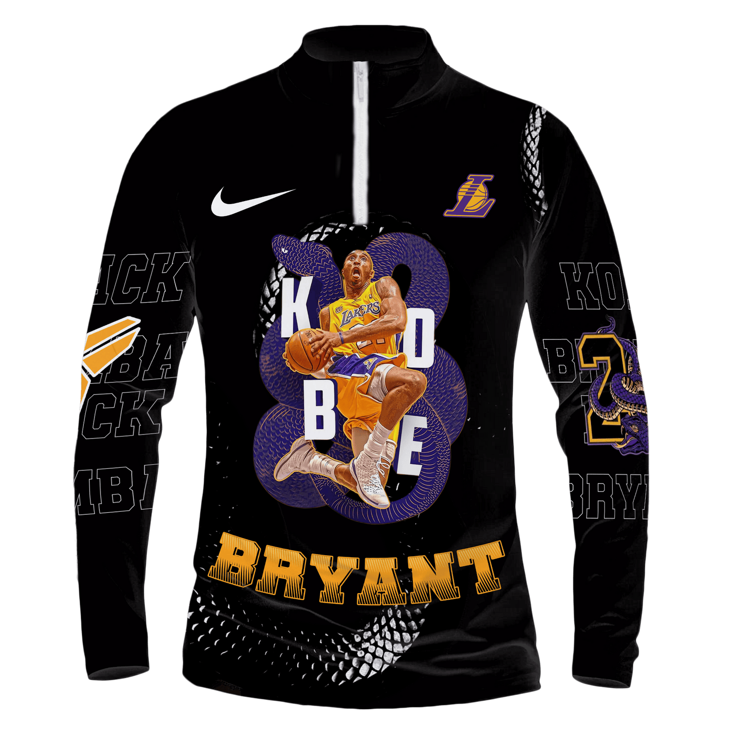 Kobe Bryant Black Mamba Lakers #24 3D Long Sleeve Quarter Zip Jersey