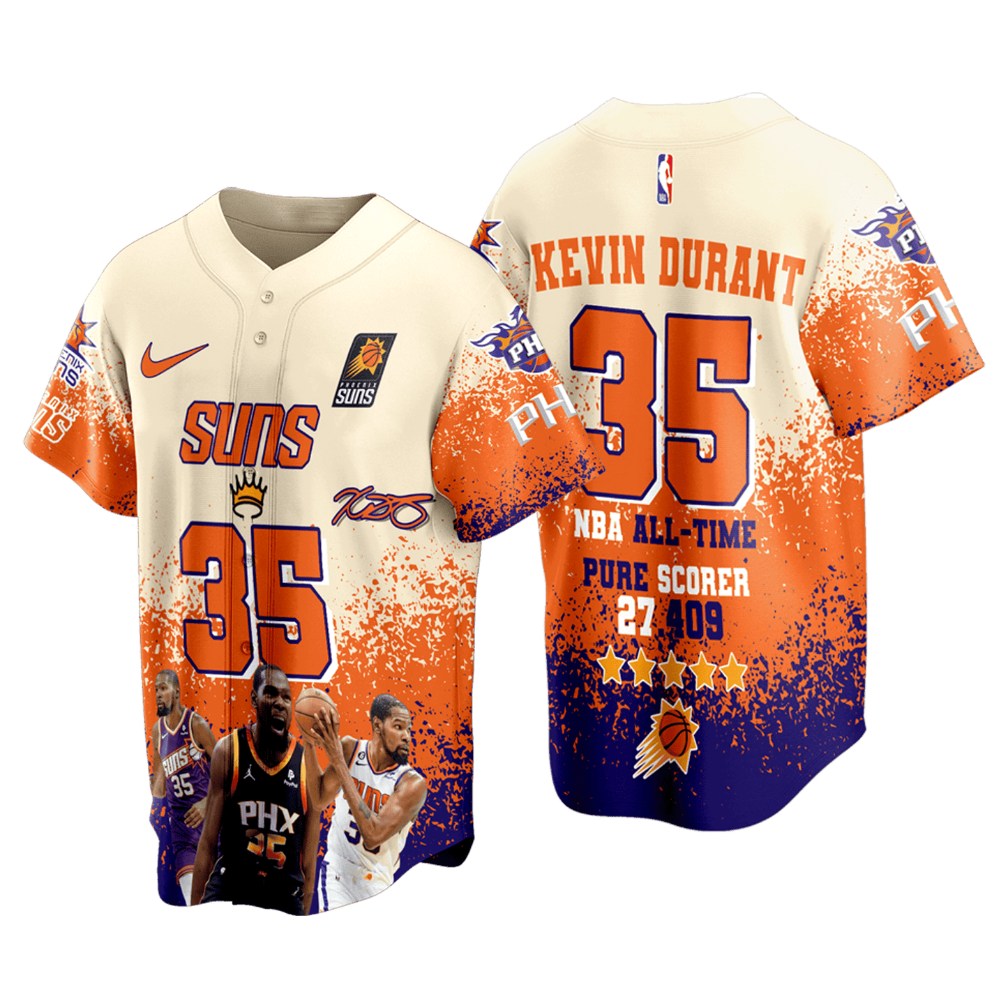 Kevin Durant #35 All-Time Pure Scorer Suns Basketball Team 3D Baseball Jersey
