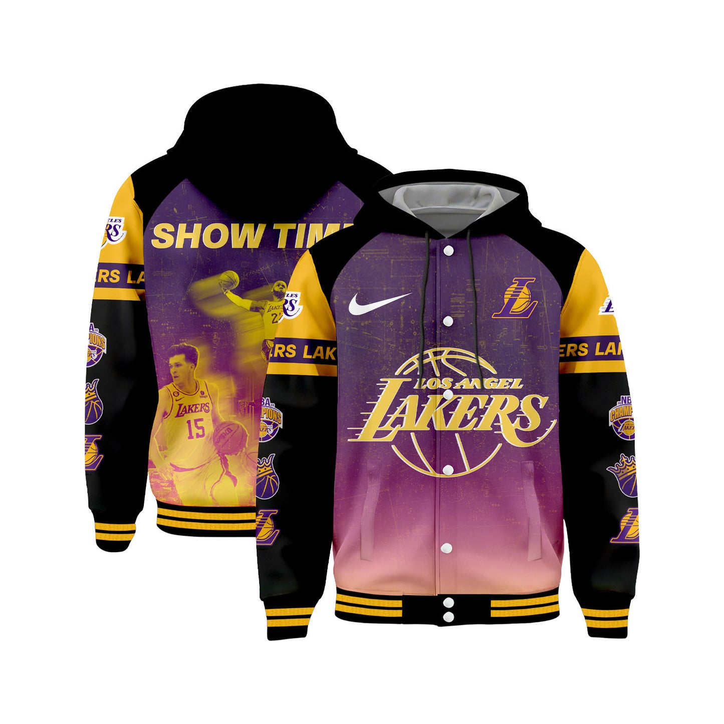 Lakers Showtime Champion Vibe Basketball Team 3D Hooded Varsity Jacket