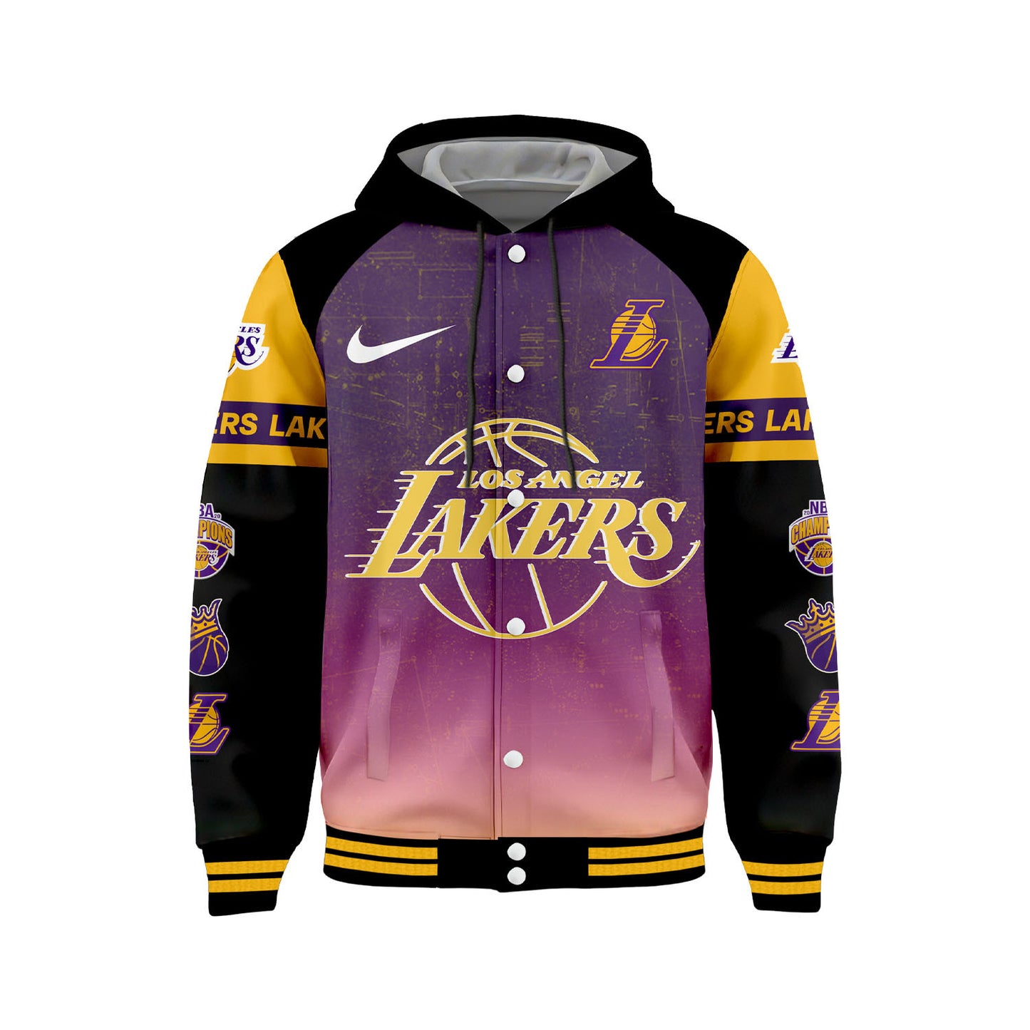 Lakers Showtime Champion Vibe Basketball Team 3D Hooded Varsity Jacket