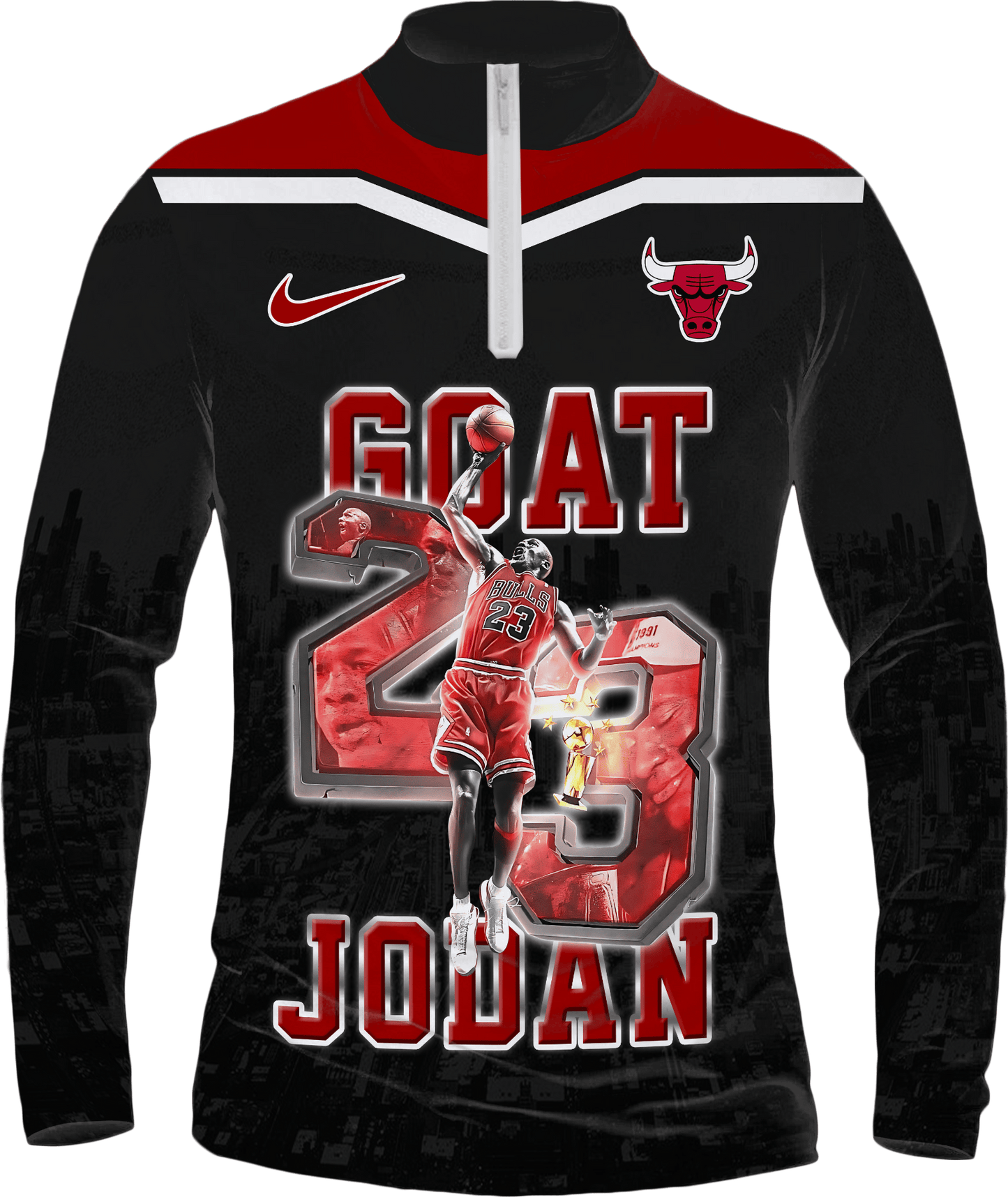 Bulls Michael Jordan #23 Chicago Team 3D Long Sleeve Quarter Zip Jersey