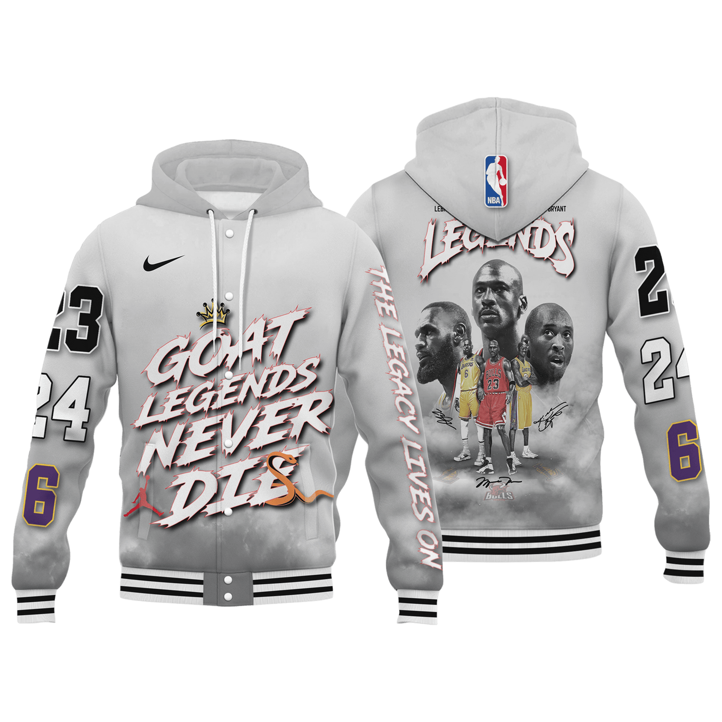Jordan Kobe LeBron Legends The Legacy Lives On 3D Hooded Varsity Jacket