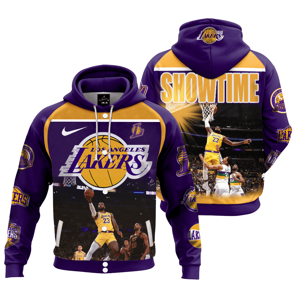 Lakers LeBron James #23 Show Time Basketball Team 3D Hooded Varsity Jacket