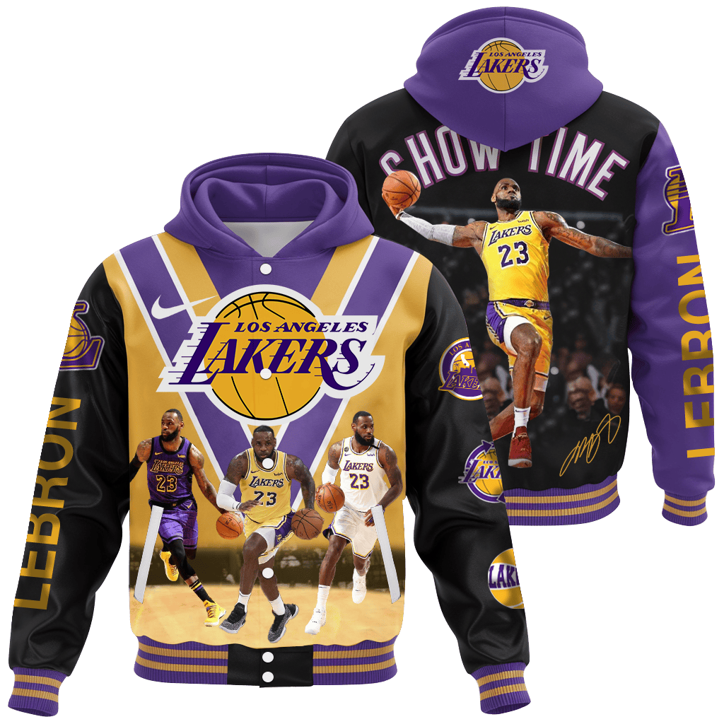 LeBron James #23 Show Time Lakers Basketball Team 3D Hooded Varsity Jacket