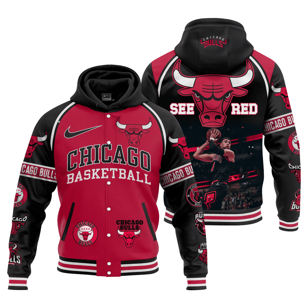 Bulls Zach LaVine #28 See Red Chicago Basketball Team 3D Hooded Varsity Jacket