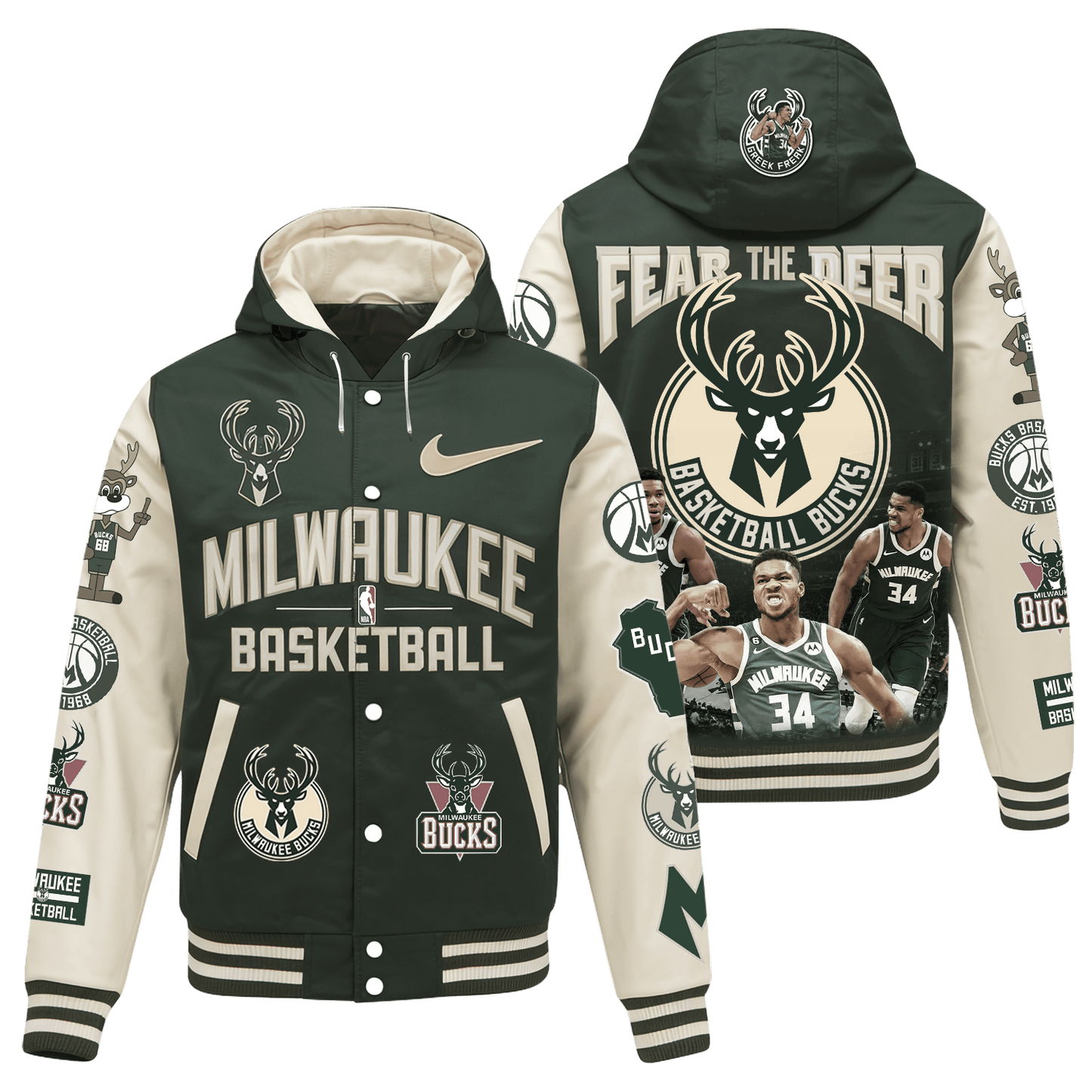 Bucks Giannis Antetokounmpo #34 Milwaukee Basketball 3D Hooded Varsity Jacket