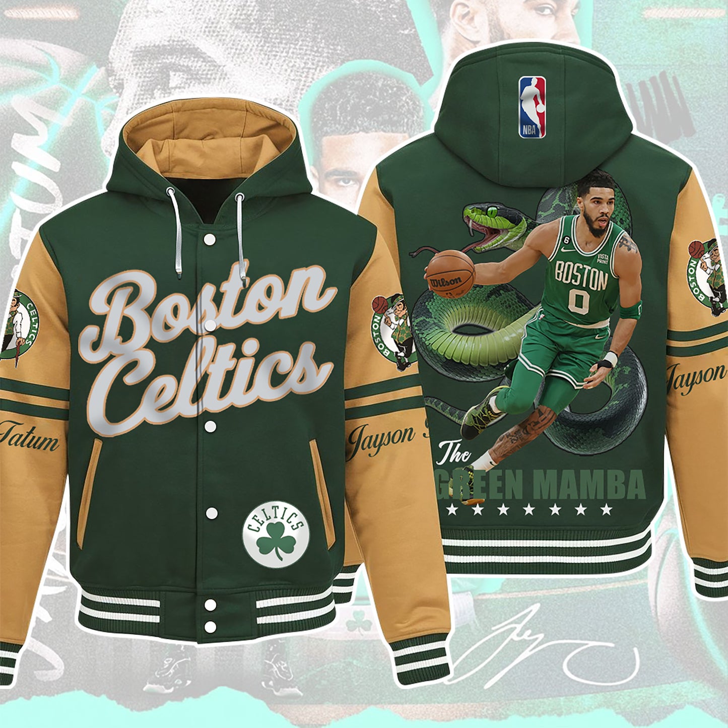 Celtics Jayson Tatum #0 The Green Mamba Boston Basketball 3D Hooded Varsity Jacket