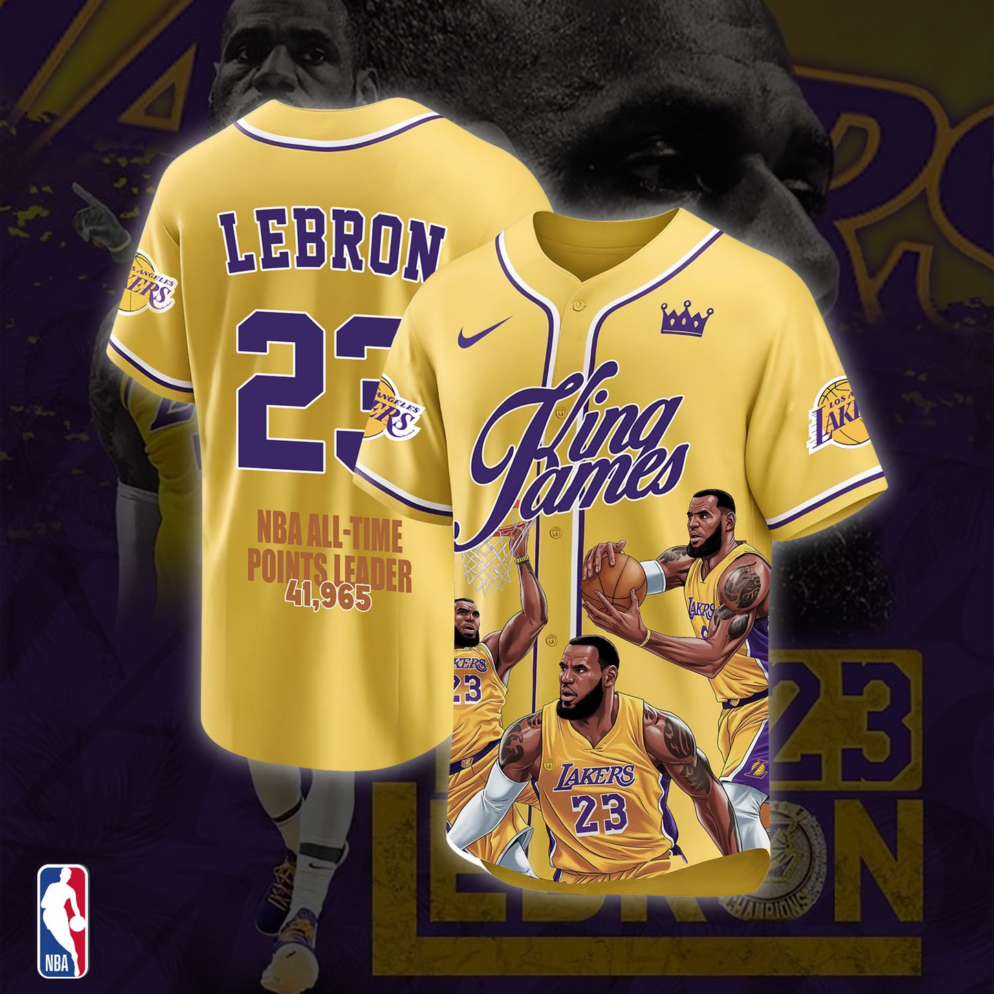 LeBron James #23 NBA All Time Points Leader Lakers Team All Over Print Baseball Jersey