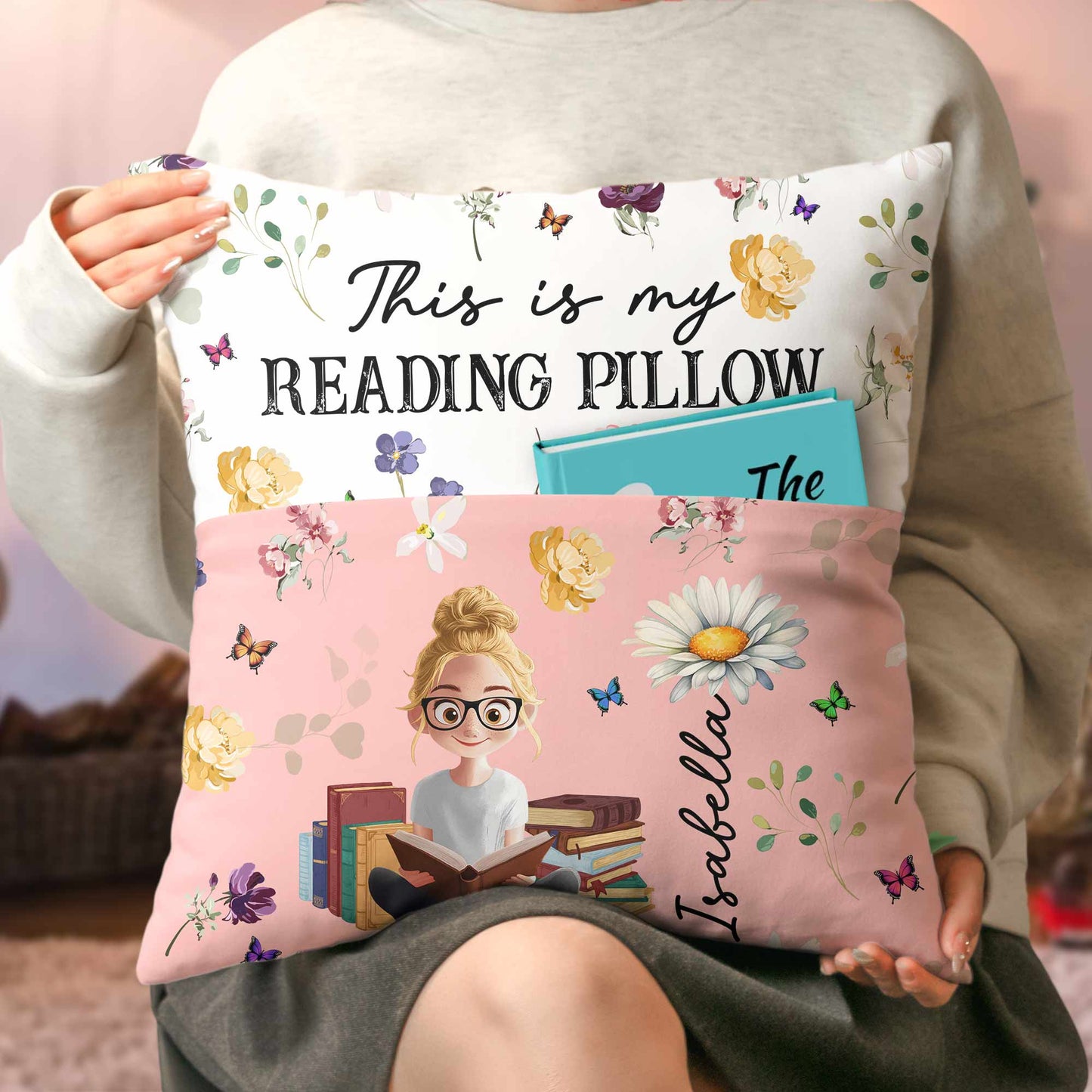 Birth Flower Book Lovers - Personalized Pocket Pillow (Insert Included)