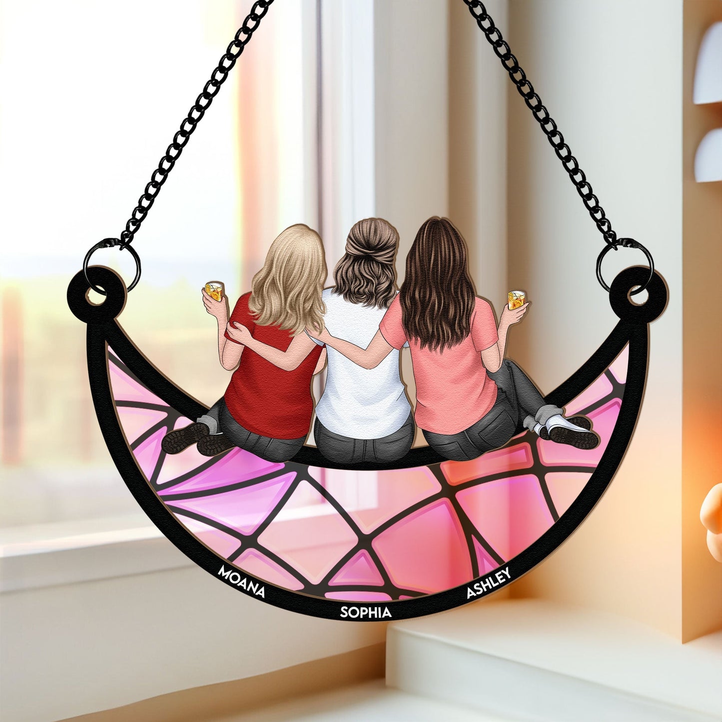 Friends, Sisters Sitting On The Moon - Personalized Window Hanging Suncatcher Ornament - Gifts For Women Christmas Gift For Friend