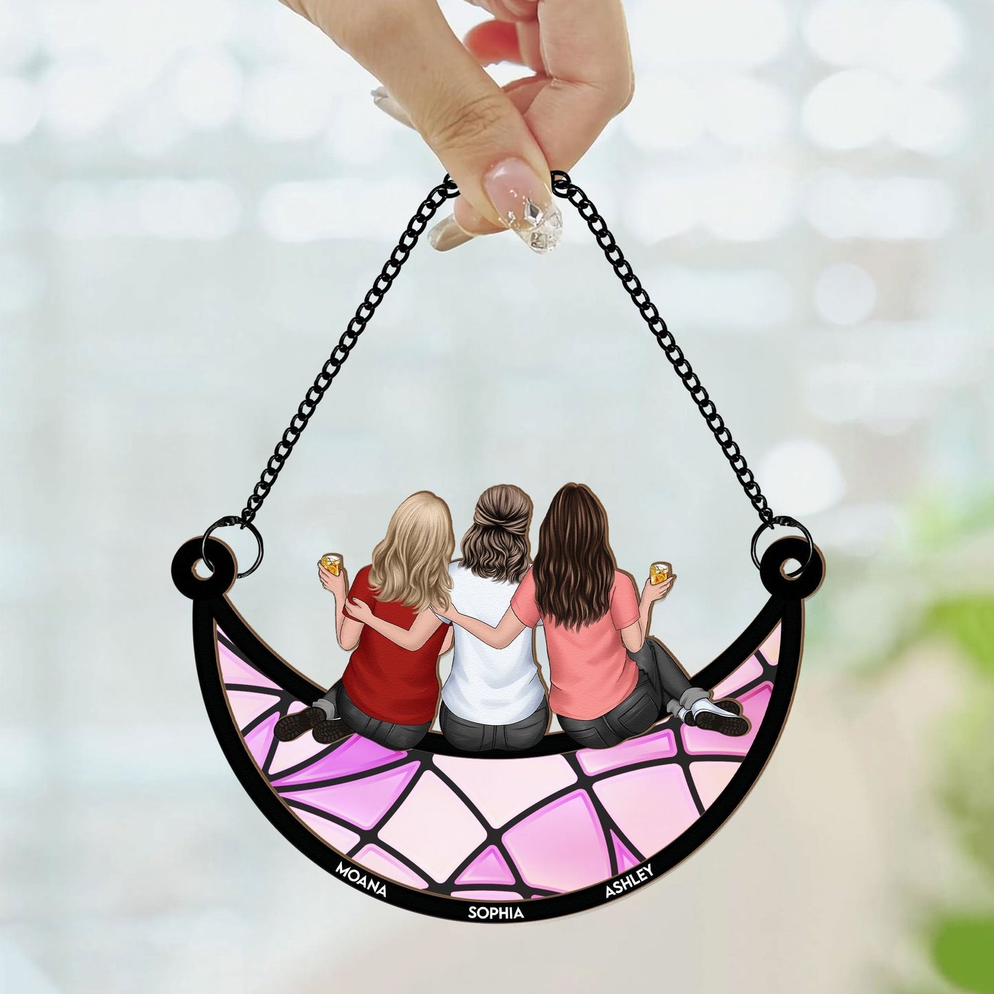 Friends, Sisters Sitting On The Moon - Personalized Window Hanging Suncatcher Ornament - Gifts For Women Christmas Gift For Friend