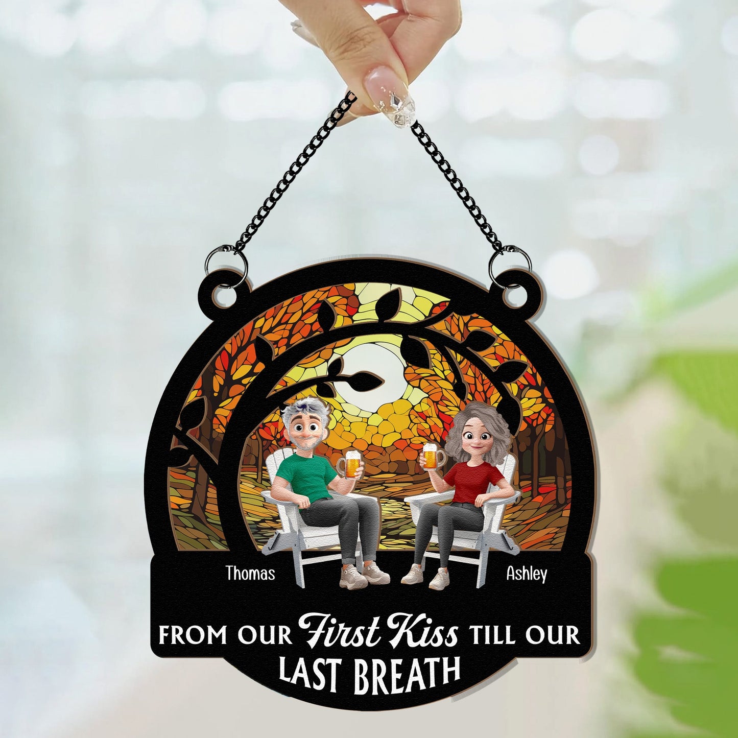 From Our First Kiss Couple Anniversary Gift - Personalized Window Hanging Suncatcher Ornament