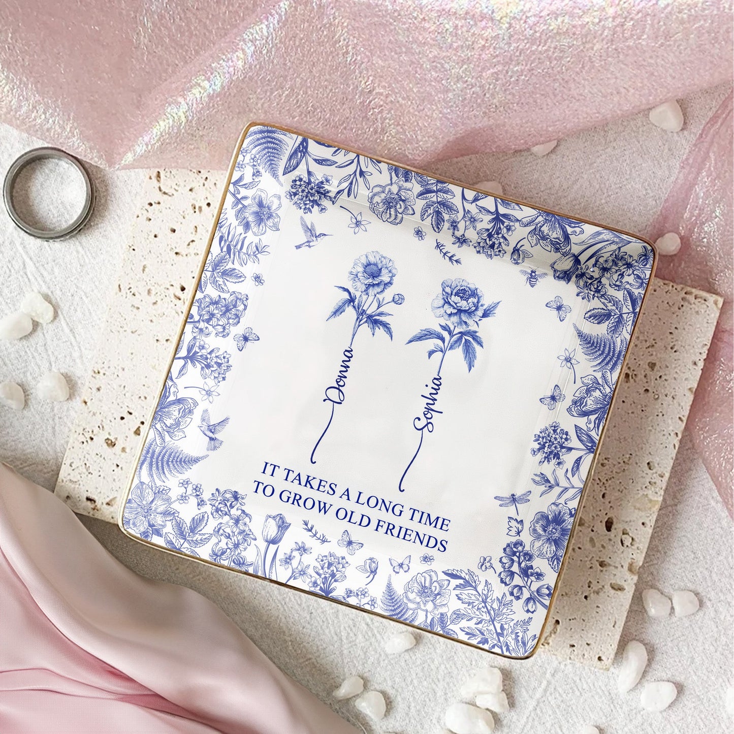 It Takes A Long Time To Grow An Old Friend, Bestie Toile De Jouy - Personalized Jewelry Dish Christmas Gift For Friend