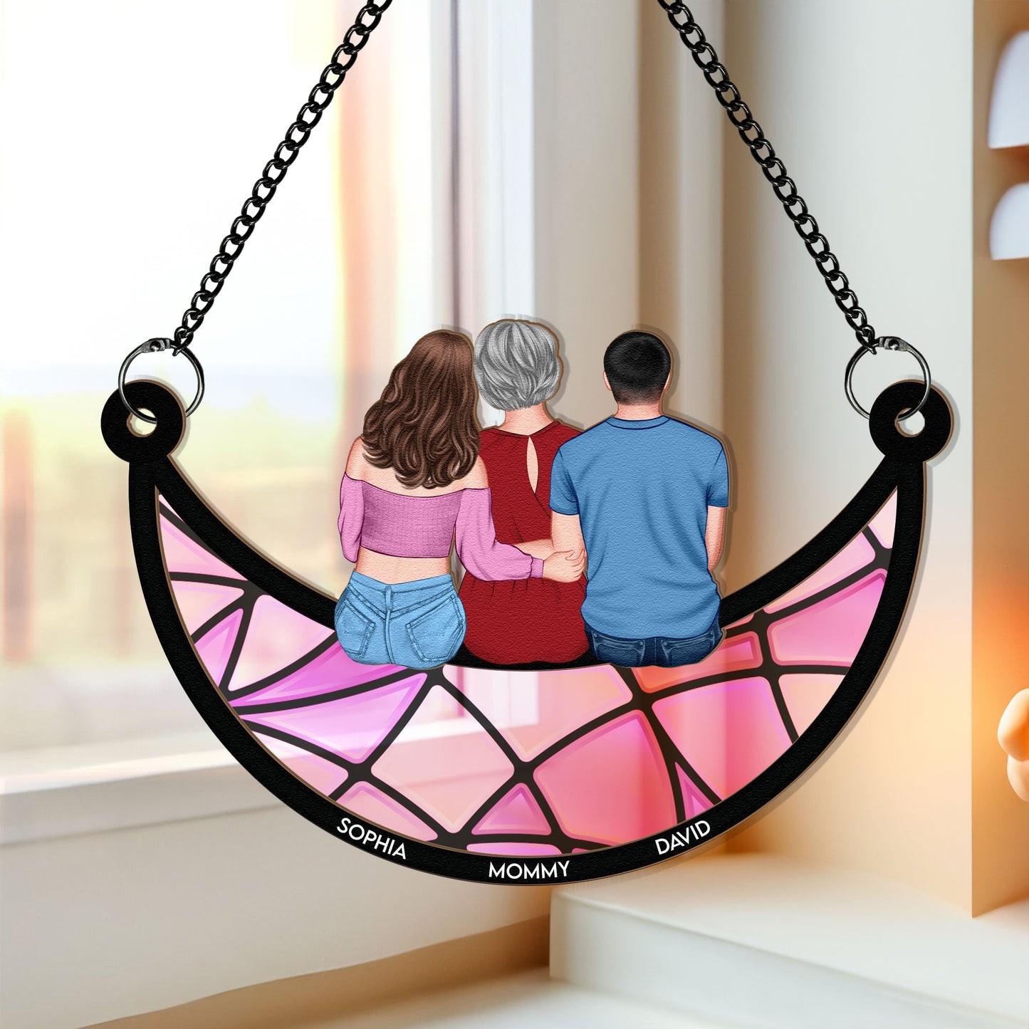 Mom, Children Sitting On The Moon - Personalized Window Hanging Suncatcher Ornament Christmas Gift For Mom