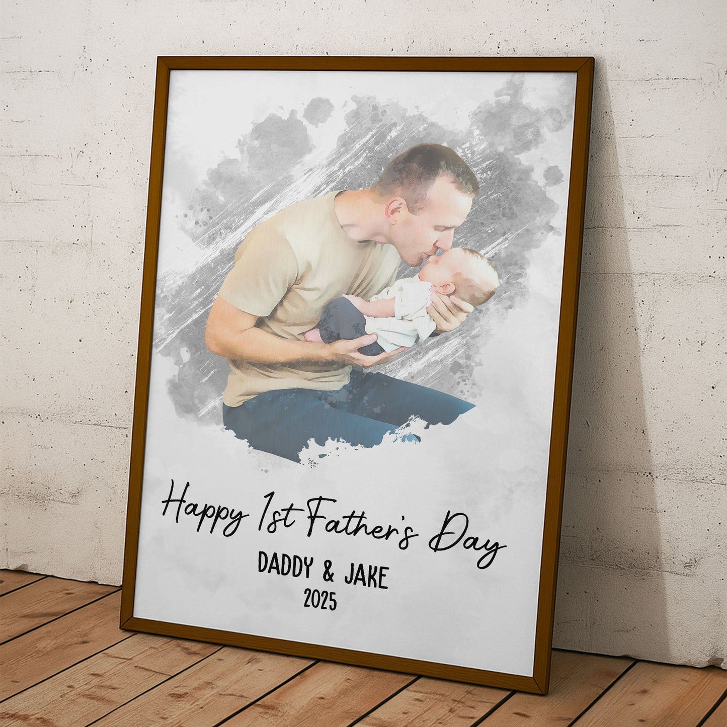 Watercolor Style Happy 1st Father's Day - Personalized Photo Poster/Canvas