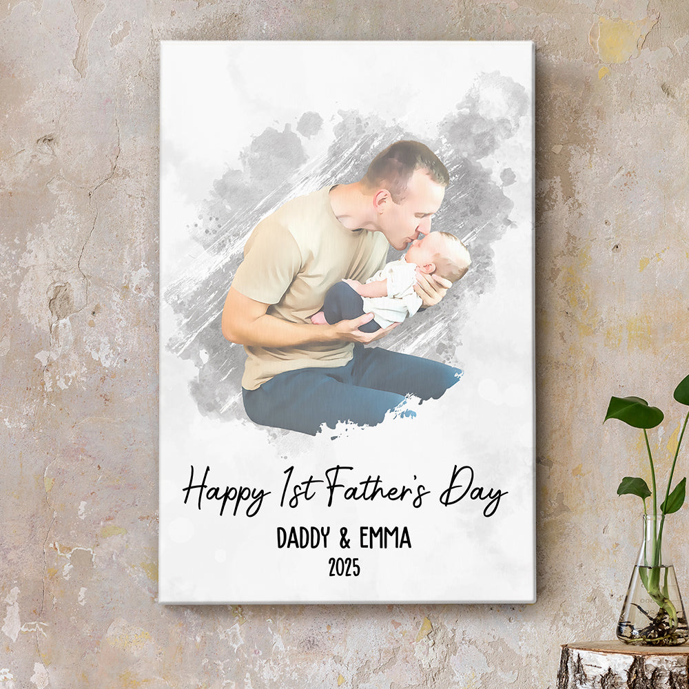 Watercolor Style Happy 1st Father's Day - Personalized Photo Poster/Canvas