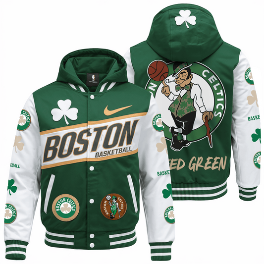 Green & White Boston Team Basketball Hooded Varsity Jacket
