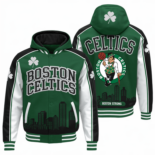 Green & White Boston Strong Team Basketball Hooded Varsity Jacket
