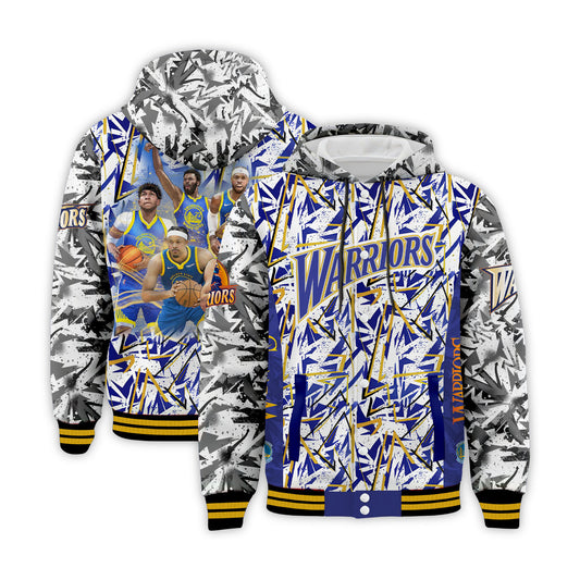 GSW Stephen Curry Draymond Green Andrew Wiggins Kevon Looney Players Team 3D Hooded Varsity Jacket
