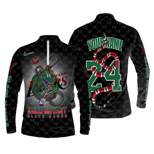 Kobe Bryant Black Mamba Lakers #24 Custom 3D Long Sleeve Quarter Zip Jersey