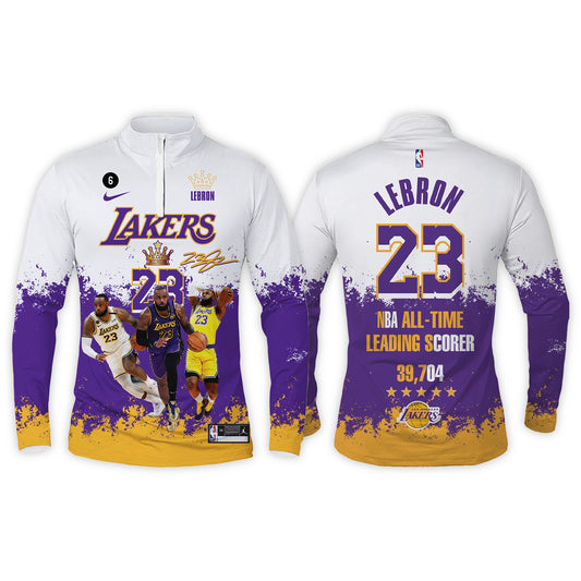 Lakers #23 LeBron James All-Time Leading Scorer 3D Long Sleeve Quarter Zip Jersey
