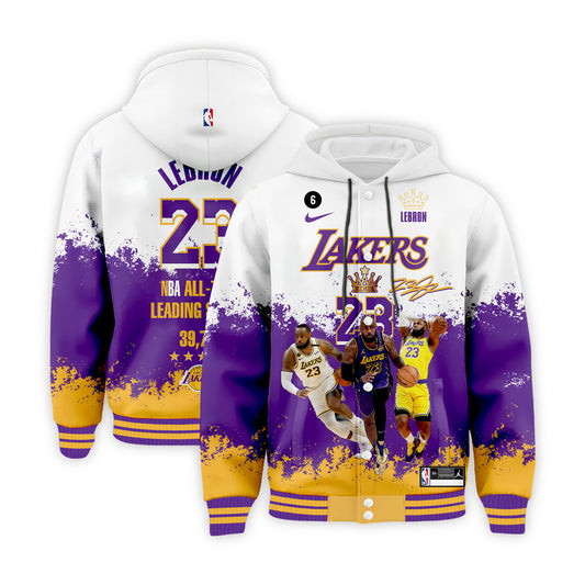 Lakers #23 LeBron James All-Time Leading Scorer 3D All Over Print Hooded Varsity Jacket