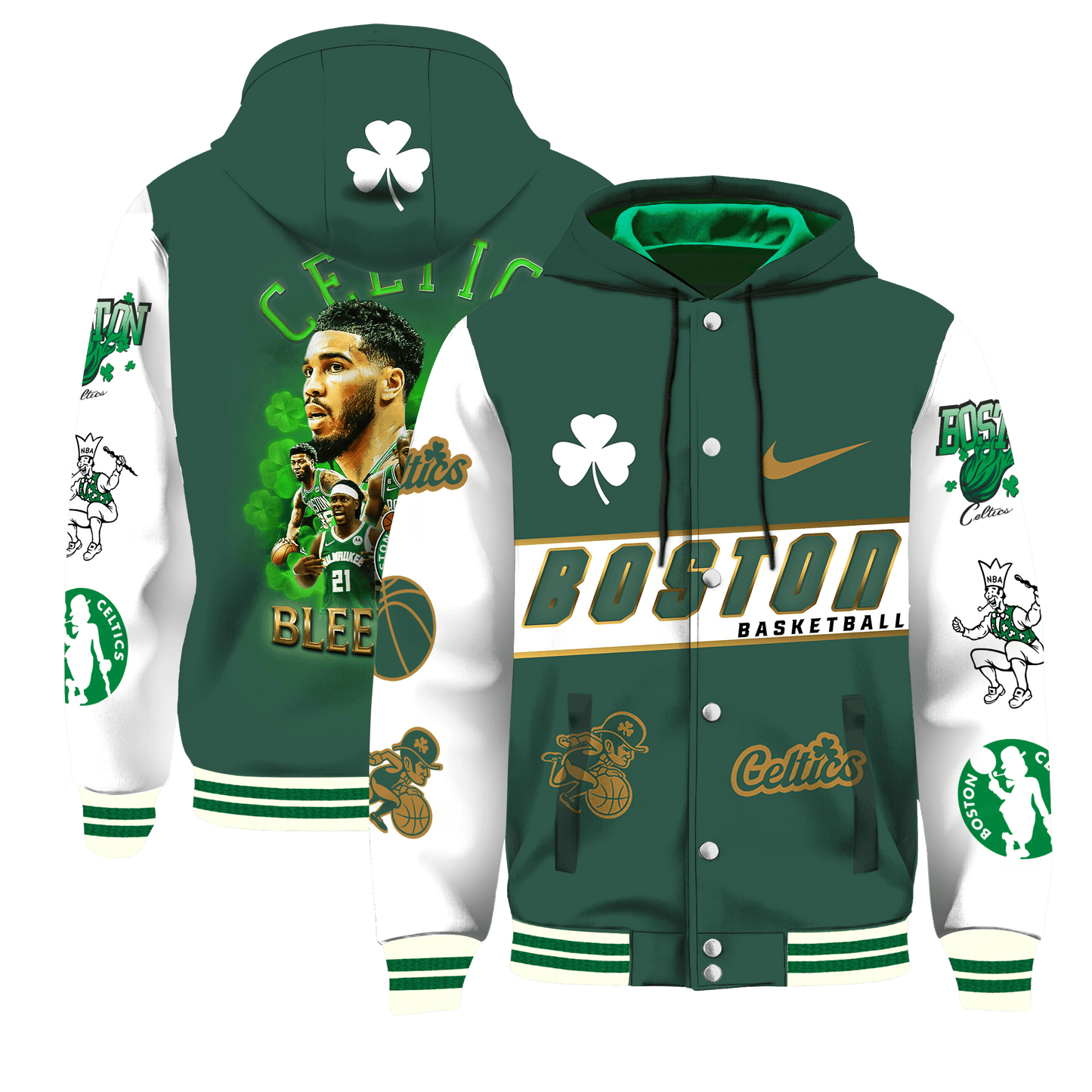 Boston Basketball Team Bleed Green 3D Hooded Varsity Jacket