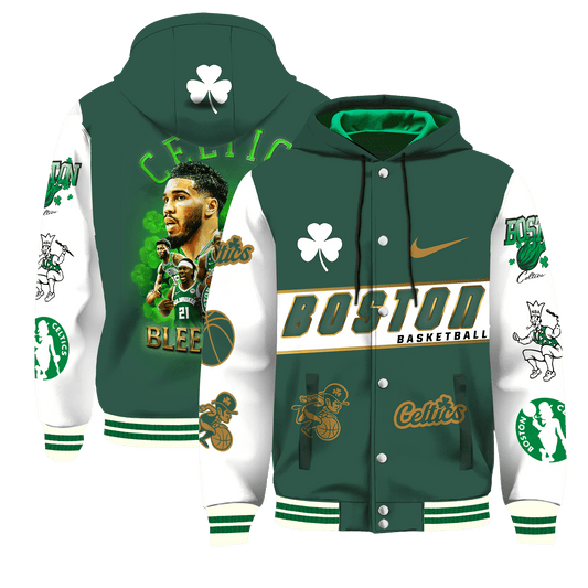 Boston Basketball Team Bleed Green 3D Hooded Varsity Jacket