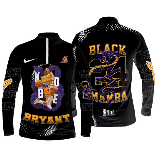 Kobe Bryant Black Mamba Lakers #24 3D Long Sleeve Quarter Zip Jersey