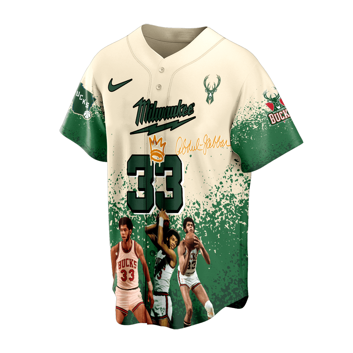 Kareem Abdul-Jabbar #33 Bucks Basketball Team 3D Baseball Jersey