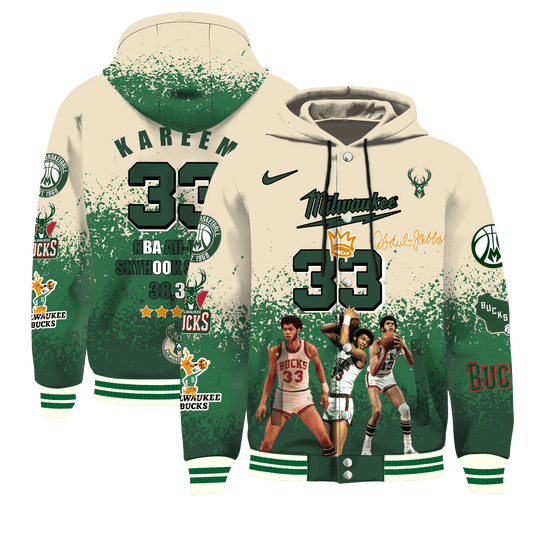 Kareem Abdul-Jabbar #33 Bucks Basketball Team 3D Hooded Varsity Jacket