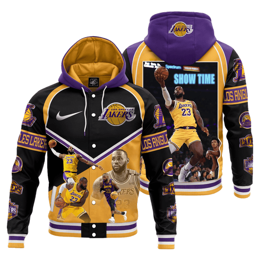 Lebron James #23 Show Time Lakers Basketball Team 3D Hooded Varsity Jacket