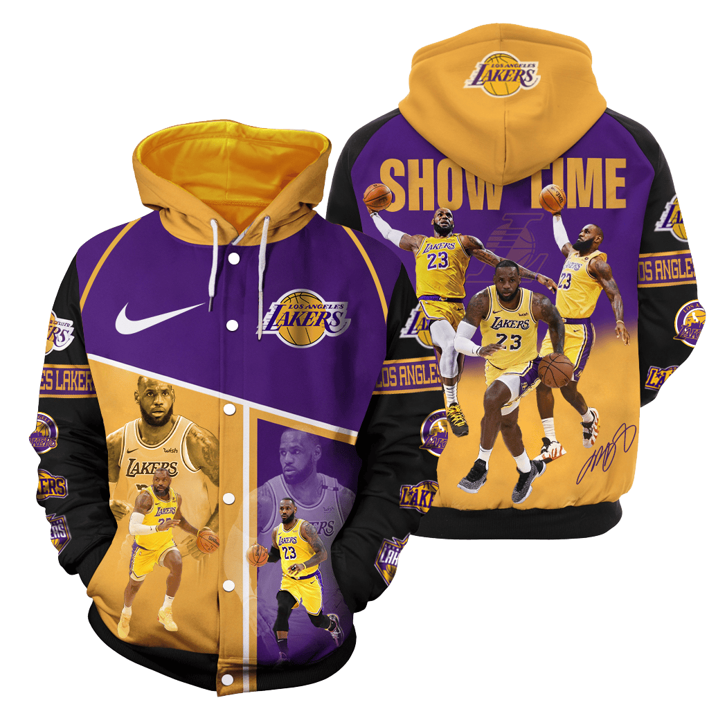 Lakers Lebron James #23 Show Time Basketball Team 3D Hooded Varsity Jacket