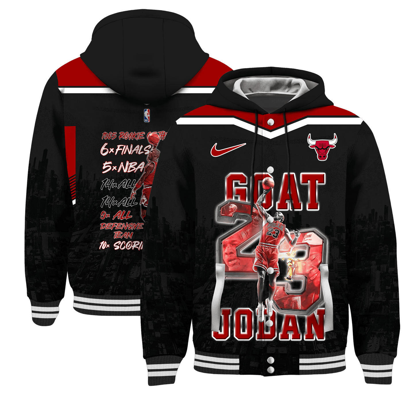 Bulls Michael Jordan #23 Chicago Team 3D Hooded Varsity Jacket
