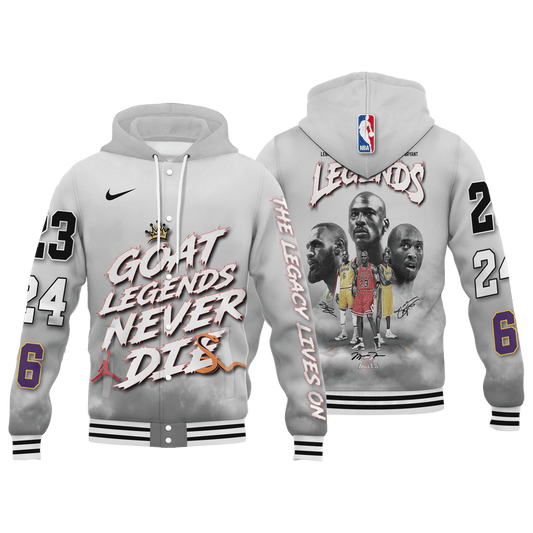 Jordan Kobe LeBron Legends The Legacy Lives On 3D Hooded Varsity Jacket