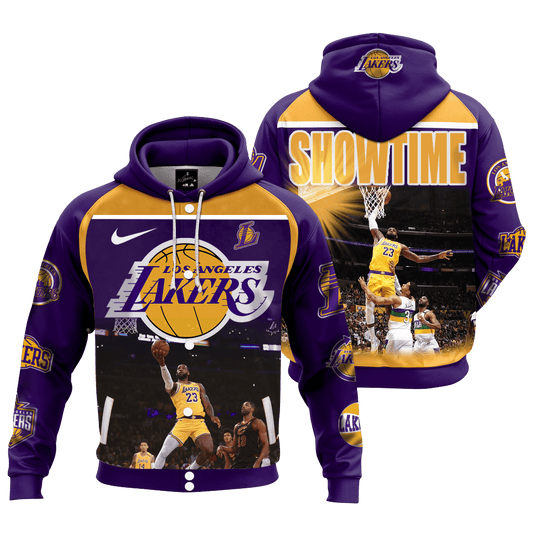 Lakers LeBron James #23 Show Time Basketball Team 3D Hooded Varsity Jacket