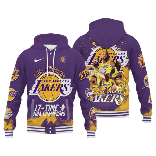 Lakers Basketball Team 17-Time Champions 3D Hooded Varsity Jacket