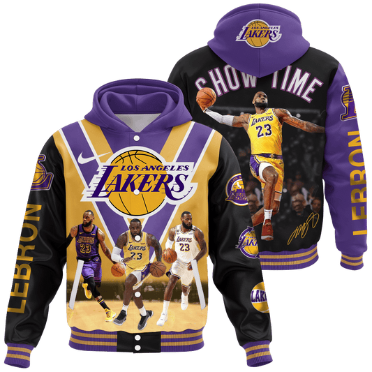 LeBron James #23 Show Time Lakers Basketball Team 3D Hooded Varsity Jacket