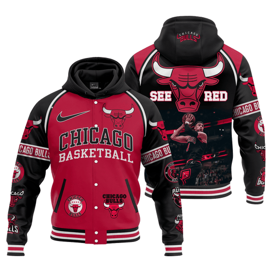 Bulls Zach LaVine #28 See Red Chicago Basketball Team 3D Hooded Varsity Jacket