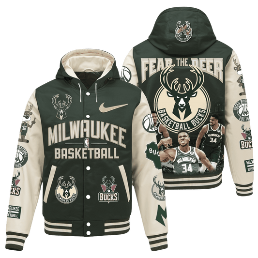 Bucks Giannis Antetokounmpo #34 Milwaukee Basketball 3D Hooded Varsity Jacket