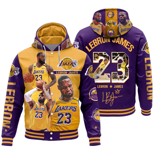Lakers LeBron James #23 LA Basketball Team 3D Hooded Varsity Jacket