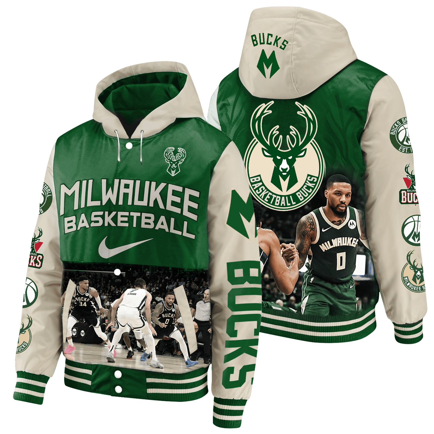 Bucks Giannis & Lillard Game Day Milwaukee Basketball 3D Hooded Varsity Jacket