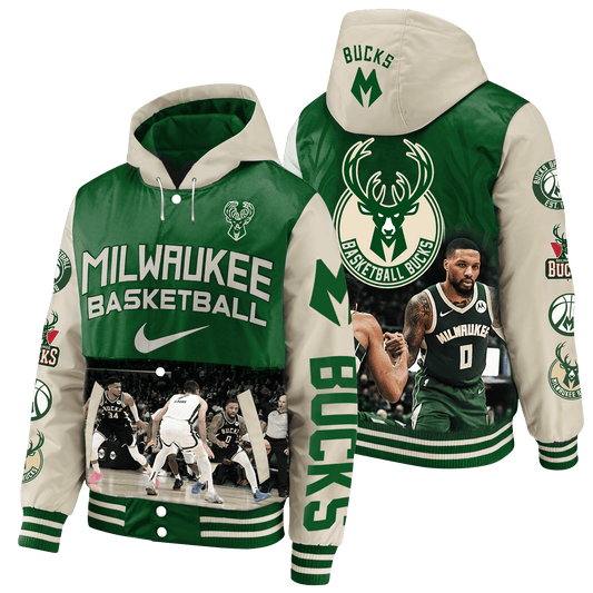 Bucks Giannis & Lillard Game Day Milwaukee Basketball 3D Hooded Varsity Jacket