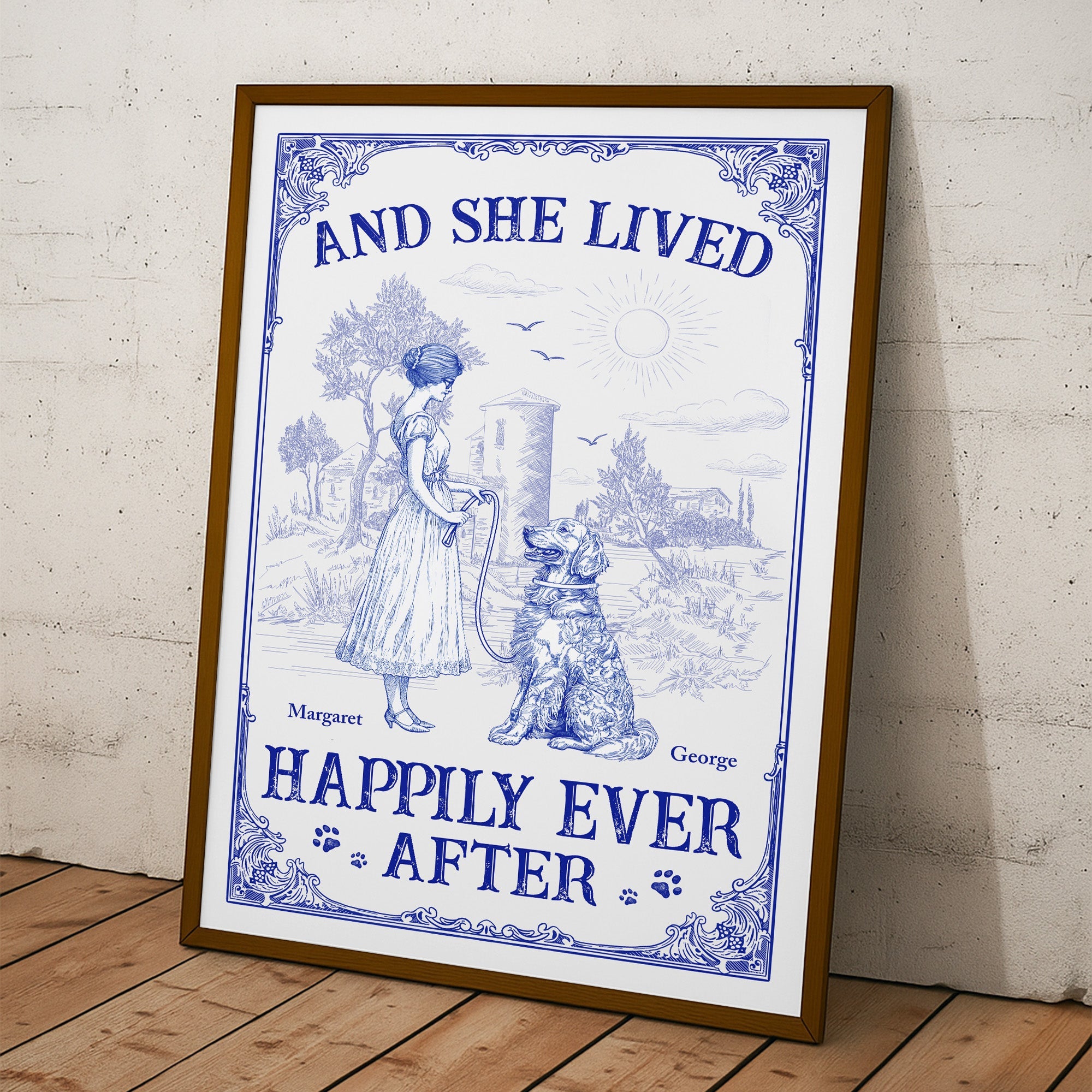 And She Lived Happily Ever After Dog Toile De Jouy - Personalized Poster