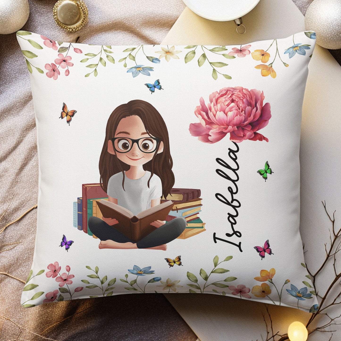 Birth Flower Book Lovers - Personalized Pillow (Insert Included)