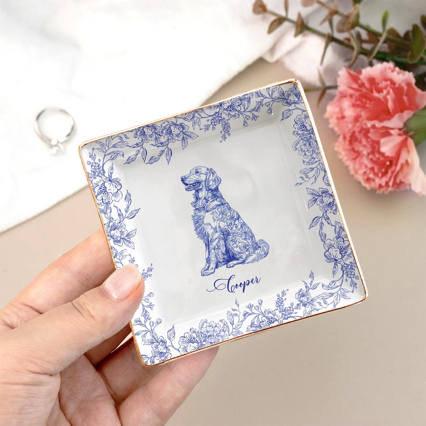 Dog Lover Gift Dog Breeds Chinoiserie Toile De Jouy Style - Personalized Jewelry Dish