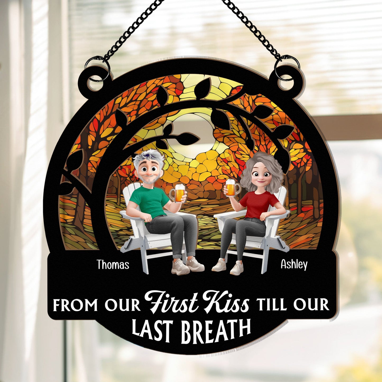 From Our First Kiss Couple Anniversary Gift - Personalized Window Hanging Suncatcher Ornament