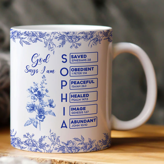 God Says I Am Name Letter In Bible Birth Flower Toile De Jouy Style - Personalized Mug